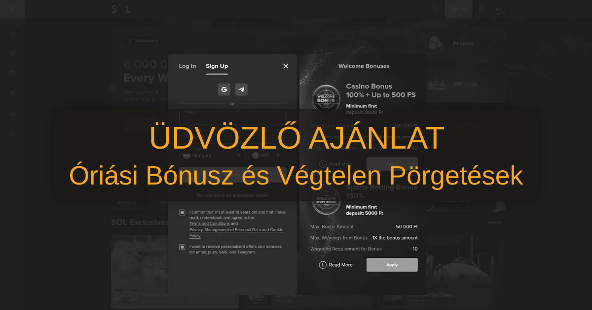 SOL Casino bónusz: 300% az első négy befizetésre - nézd meg